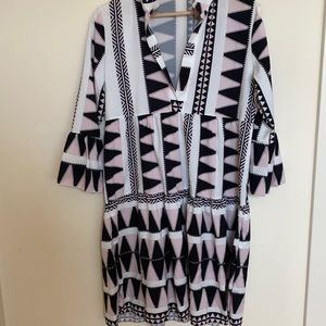 Pink and black tunic dress with 3/4 length bell sleeve